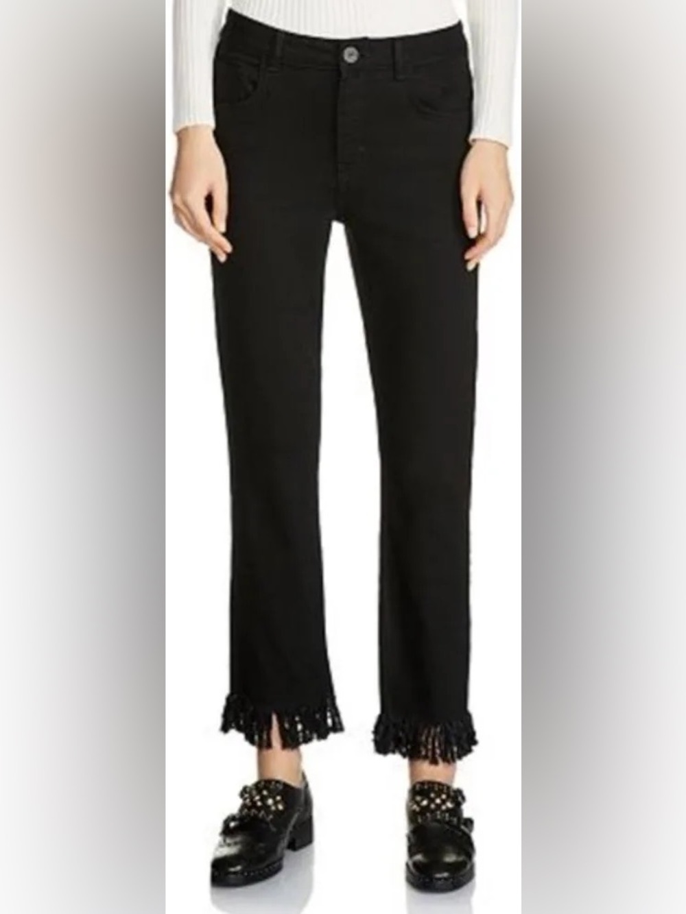 Maje Panako Black Fringe Hem Cropped Jeans Sz 40 EU/US 8 Ankle Frayed